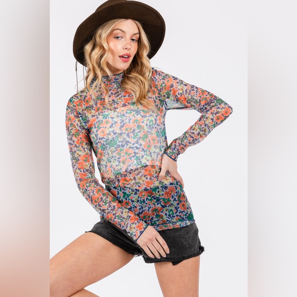 Sage + Fig Floral Mesh Long-Sleeve Top